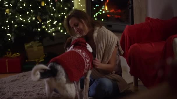 Close up retrato da mulher e seu cão estão sentados no chão perto de uma lareira em chamas e uma árvore de Natal decorada. Casa aconchegante escuro quarto com luzes de Natal — Vídeo de Stock