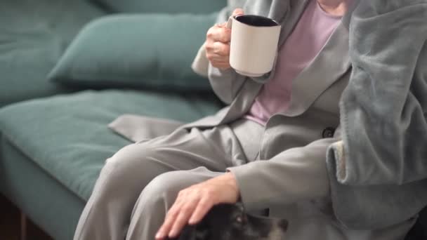 Hermosa mujer madura con el pelo gris y un corte de pelo corto es relajante sentado en el sofá. Ella sostiene una taza de té y acariciando a su perro blanco y negro — Vídeo de stock