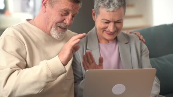 El marido y la esposa ancianos charlan felizmente con sus familias en el ordenador. Concepto de chat de vídeo desde el ordenador. Vídeo en cámara lenta — Vídeo de stock
