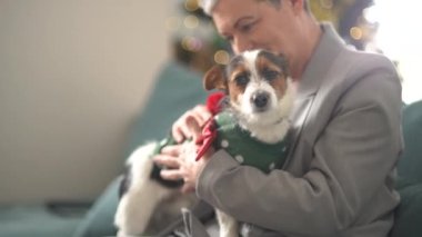 Şirin bir hayvan, komik bir Noel kostümü giymiş küçük bir köpek sahibinin kucağında oturuyor. Noel konsepti
