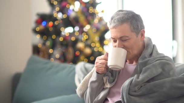 Primer plano retrato de una mujer mayor bebiendo té en el sofá interior. Hermosa mujer madura con el pelo gris corto celebrando la Navidad sentado en el sofá solo — Vídeos de Stock