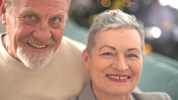 Retrato cercano de los ancianos sonrientes marido y mujer mirando a la cámara. Una mujer con un corte de pelo corto con estilo y un hombre con barba y gafas. Feliz pareja de ancianos celebrando la Navidad — Vídeos de Stock