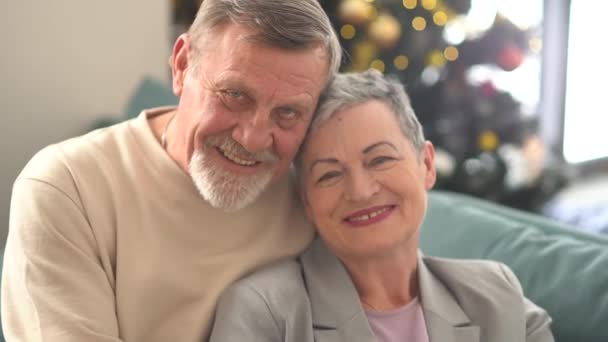 Feliz casal de idosos comemorando o Natal. Retrato próximo de marido e mulher idosos sorridentes olhando para a câmera. Uma mulher com um corte de cabelo curto e elegante e um homem com barba e óculos — Vídeo de Stock