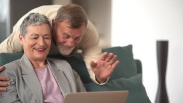 Літній чоловік і жінка сірого кольору мають відеодзвінок, сидячи на дивані вдома. Дідусь весело махав своїм онукам — стокове відео