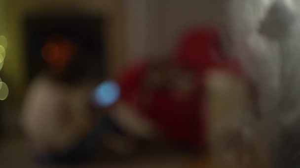 Blured video av en kvinna som sitter på en matta nära en öppen spis och en julgran och tittar på skärmen på telefonen. Hennes hund sitter i en mysig stol i närheten — Stockvideo