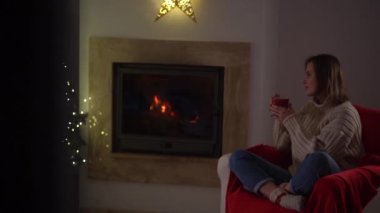 Kız ve evcil hayvanı yeni yılı kutluyorlar. Mutlu genç bir kadın, Noel için süslenmiş bir odada köpeğiyle şöminenin yanındaki sandalyeye oturmuş çay içiyor.