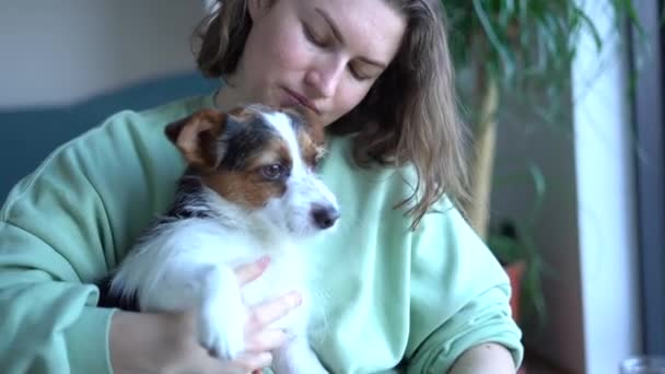Uśmiechnięta biała kobieta całująca i przytulająca swojego psa siedzącego na podłodze w domu. styl życia, zwierzę domowe, towarzystwo i koncepcja przyjaźni zwierząt — Wideo stockowe
