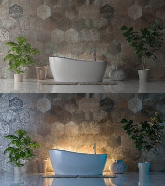 The modern bathroom interior is displayed in the day-night view. 3D Illustration.
