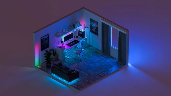 夜の創造的なオフィスのアイソメトリックビュー 色のついたライト 3Dイラスト — ストック写真
