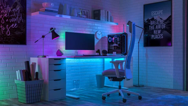 Trabalho Desktop Cercado Por Luzes Led Coloridas Renderização — Fotografia de Stock