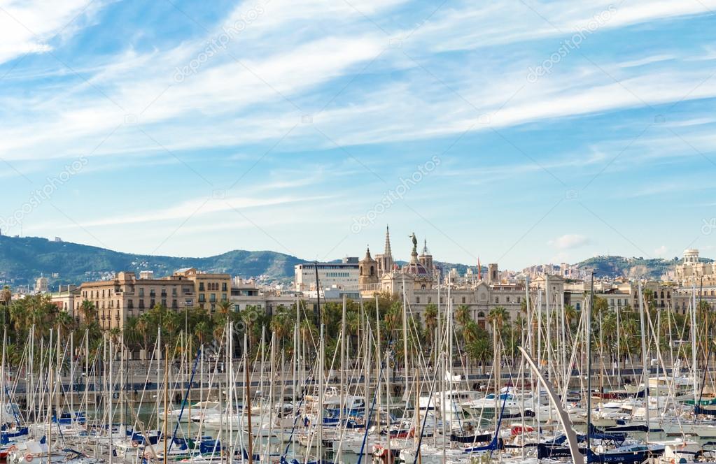 View at Barcelona and sail boats in Port Vell, Barcelona Spain