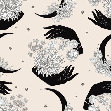 Siyah eller ve beyaz çiçekler. Kusursuz desen.