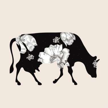 Çiçekli inek silueti. Vektör çizimi. Çiftlik hayvanı. Tarım.