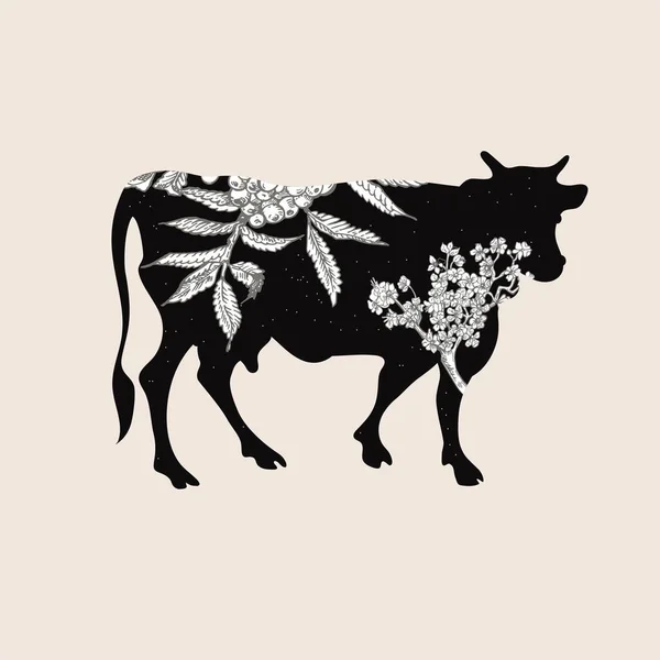 Sílhueta de vaca floral. Ilustração vetorial. Animal de quinta. Agricultura . —  Vetores de Stock