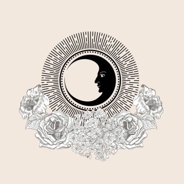 Siyah hilal ve beyaz çiçekler. Uzay çizimi. Klasik illüstrasyon.