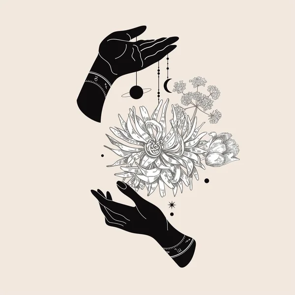 Μαύρα χέρια και λευκά λουλούδια. Κλασική απεικόνιση. Σχεδιασμός T-shirt. — Διανυσματικό Αρχείο