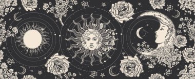 Astroloji, ezoterizm, fal bakımı için sihirli bir geçmiş. Güneşin yüzüne ve ayın yüzüne sahip siyah bayrak..