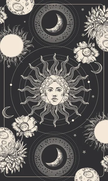 Magische Zeichnung der Sonne mit einem Gesicht. Tarotkarte, astrologische Illustration. — Stockvektor