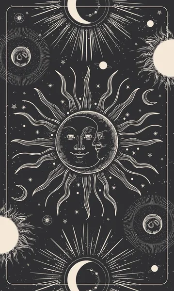 Dessin magique avec le visage du soleil et de la lune. Carte de tarot, illustration astrologique. — Image vectorielle