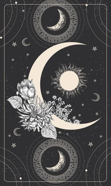 Dibujo mágico con la media luna, estrellas, sol y flores. Tarjeta del tarot, ilustración astrológica. — Vector de stock