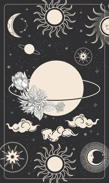 Saturn und weiße Blumen. Tarotkarte, astrologische Illustration. Sonne, Mond und Planeten auf schwarzem Hintergrund — Stockvektor