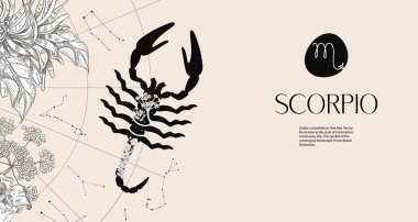 Zodiac burcu Scorpio. Beyaz çiçekli siyah bir aslan silueti. Yatay arkaplan
