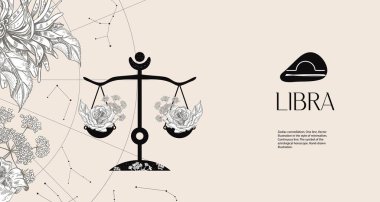 Zodiac sign Libra. Black silhouette with white flowers. Horizontal background clipart