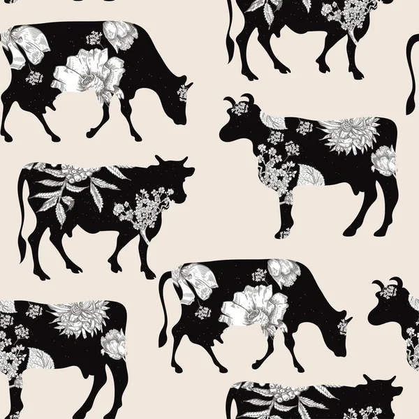 Silueta negra de una vaca con flores blancas. Ilustración vectorial. Animal de granja. Agricultura. — Vector de stock