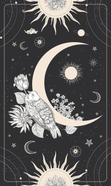 Siyah hilal, beyaz çiçekler ve bir kuş. Güneş, ay ve gezegenler yıldızların arasında siyah bir zemin üzerinde..