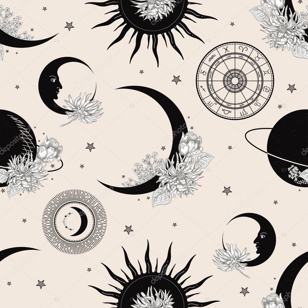 Sun, crescent, planets and flowers. Black silhouettes and white flowers.