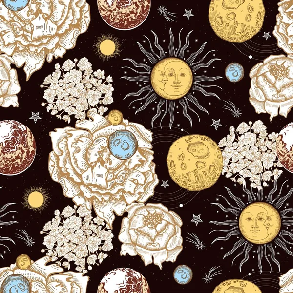 Modèle sans couture. Visages du soleil et de la lune. Planètes, fleurs et étoiles. L'espace. Style de gravure. — Image vectorielle