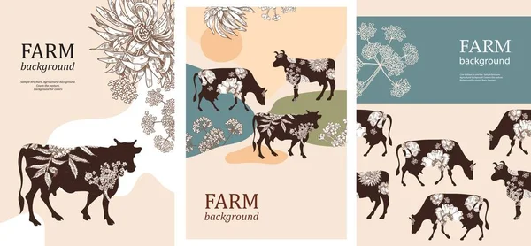 Fondo agrícola. Silueta marrón de una vaca y flores blancas. Composición geométrica. — Archivo Imágenes Vectoriales