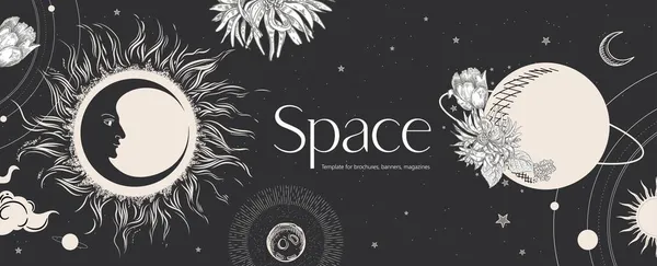 Fond spatial. Face solaire, croissant de lune, planètes et fleurs. — Image vectorielle