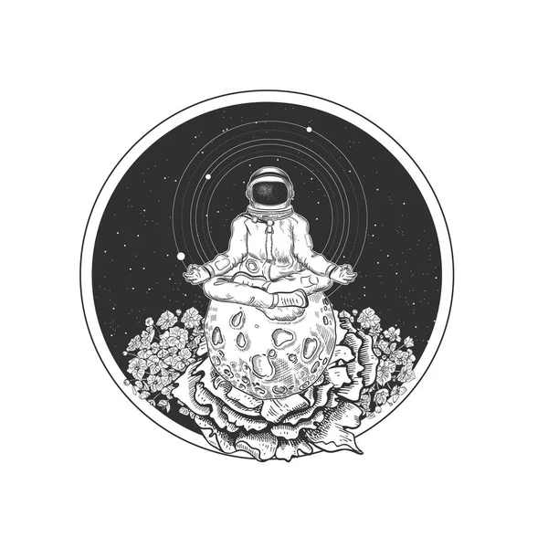 Astronauta en posición de loto, flores y luna. Meditación en el espacio. Fondo espacial. — Vector de stock