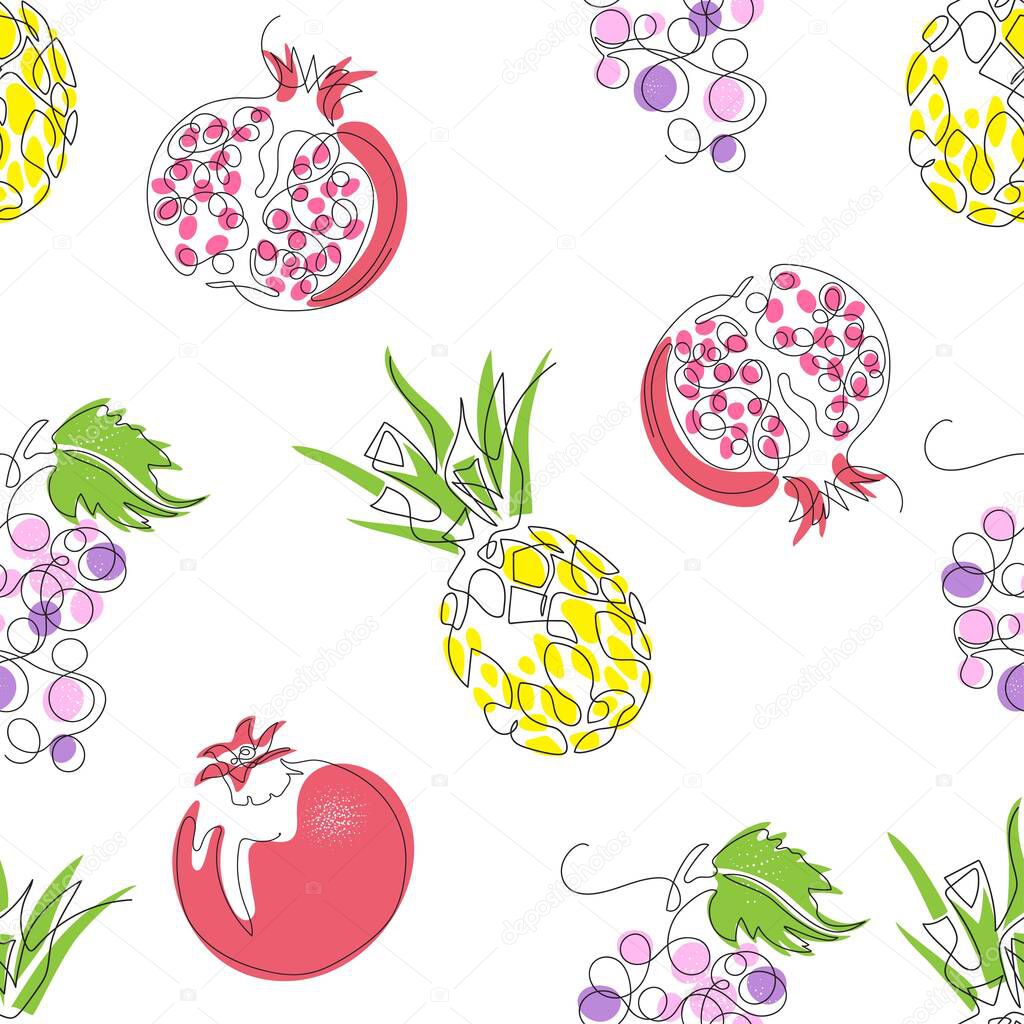 Seamless pattern with the image of fruits. Pineapple, pomegranate, grapes.
