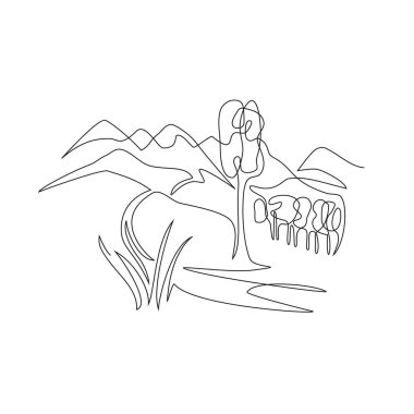 Dağ manzarası, tek sıra halinde çizilmiş. Devamlı bir çizgi. Seyahat. Minimalist grafikler.