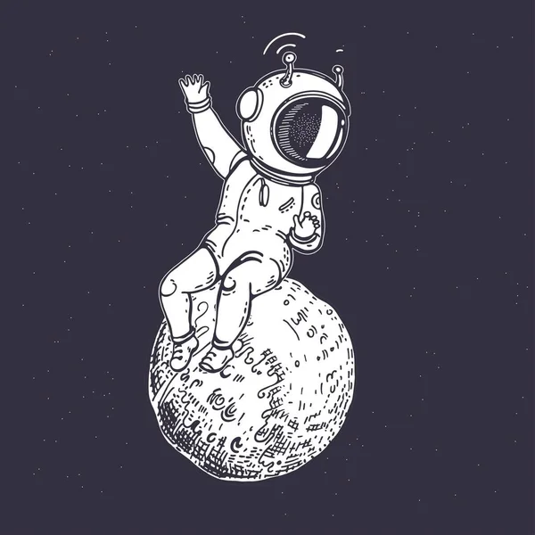 Um astronauta está sentado num pequeno planeta. Ilustração sobre o tema da astronomia. —  Vetores de Stock