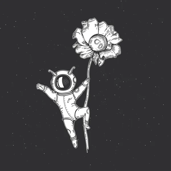 Astronauta, flor y planeta. Ilustración espacial. Gimnasia. — Archivo Imágenes Vectoriales