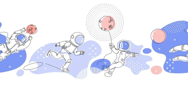 Nahtloses Muster. Astronauten spielen Fußball. Weltraum. Torhüter. Eine Linienzeichnung. — Stockvektor