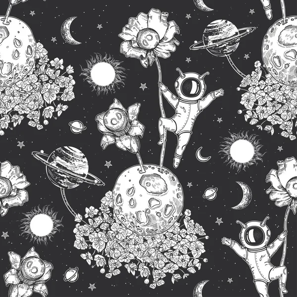 Astronaut, bloem en planeet. Zon, sterren en maan. Naadloos patroon. Vectorbeelden