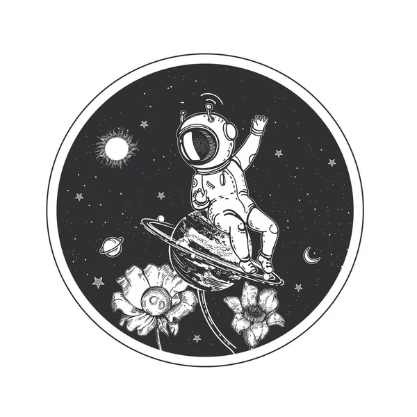 Astronauta, kwiat i planeta. Pixie w kosmosie. Druk przestrzenny. — Wektor stockowy