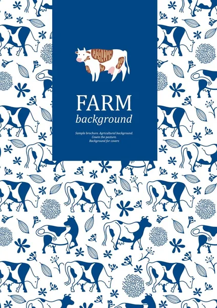 Beispielbroschüre. Landwirtschaftlicher Hintergrund. Kühe und florale Elemente. — Stockvektor