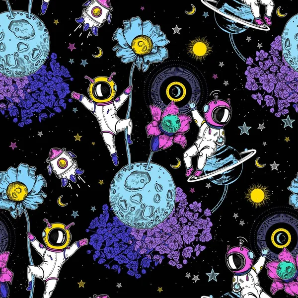 Dos astronautas, planetas y flores. Astronauta, flor y planeta. — Vector de stock