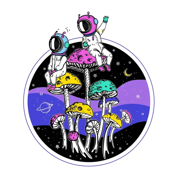 I funghi sono come pianeti. Illustrazione spaziale. Disegno del tatuaggio. — Vettoriale Stock