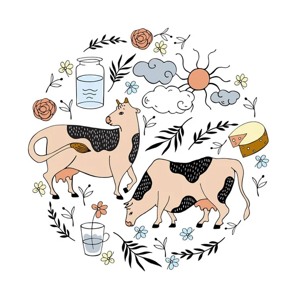 Fundo agrícola. Vacas, lata de leite, sol, nuvens e flores. Produtos lácteos. —  Vetores de Stock