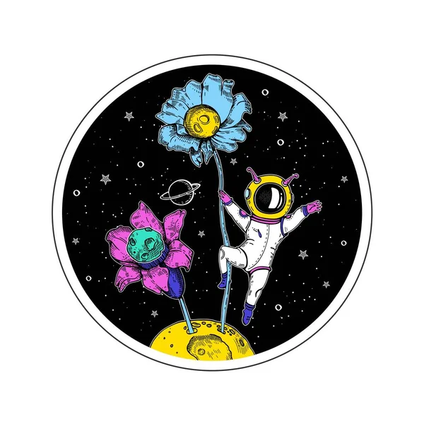 Astronaut, flower and planet. Pixie in space. Space Print. — Διανυσματικό Αρχείο