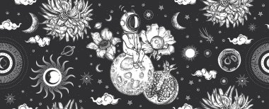 Astronotlar, gezegenler ve çiçekler. Kusursuz desen. Uzay illüstrasyonu Sürrealizmi.