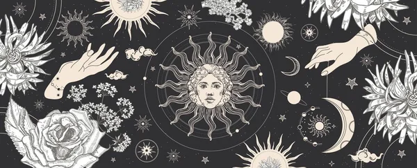 Schwarzes magisches Banner für Astrologie, Wahrsagerei, Horoskope. Weltraum-Hintergrund. lizenzfreie Stockvektoren