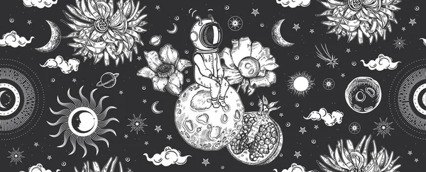 Astronauten, Planeten und Blumen. Nahtloses Muster. Weltraum-Illustration Surrealismus. lizenzfreie Stockillustrationen