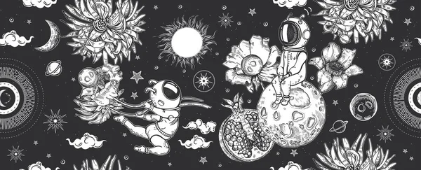 Astronauten, Planeten und Blumen. Nahtloses Muster. Weltraum-Illustration Surrealismus. Vektorgrafiken